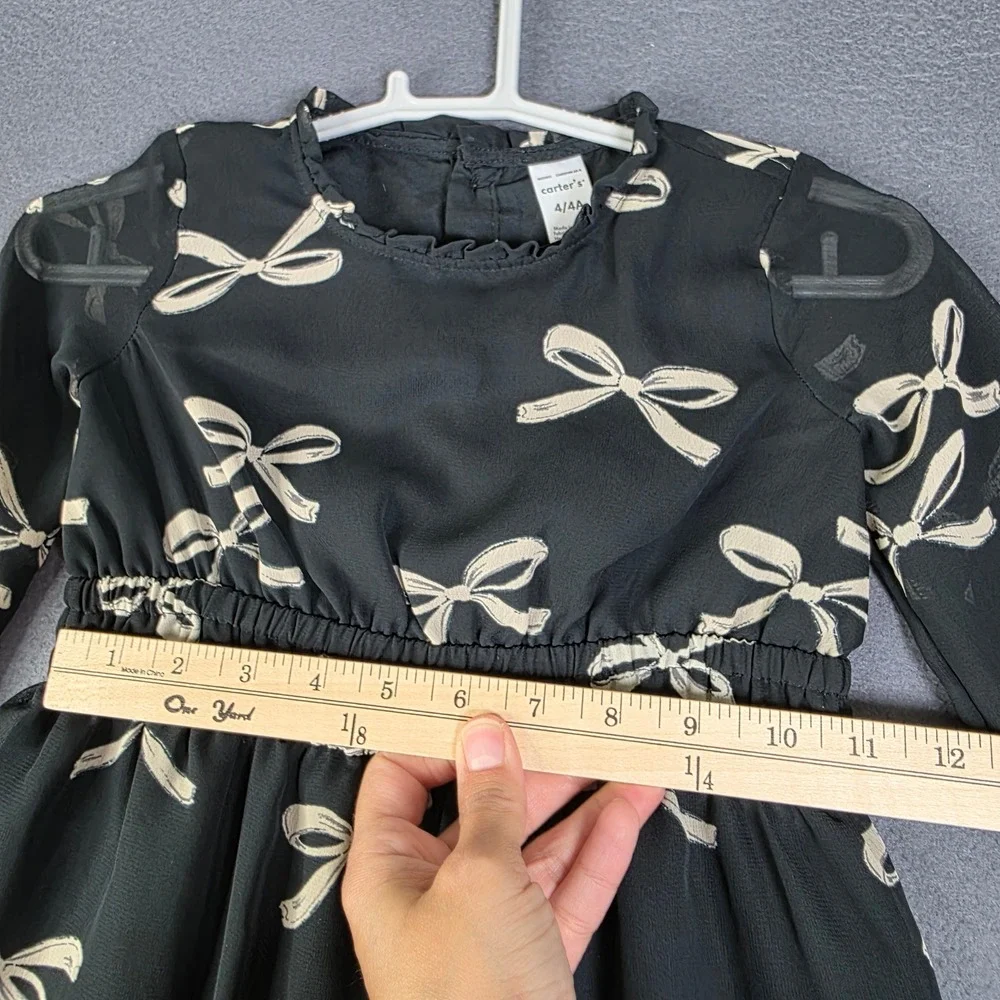 Carter's Chiffon Bow Dress Kids Size 4 Black Long Semi-Sheer Sleeve Tiered Lined